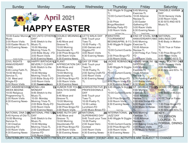 April Activities Calendar